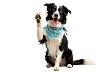 Greeting and welcome concept with a friendly Border Collie dog waving its paw. Happy pet wearing a bandana, isolated
