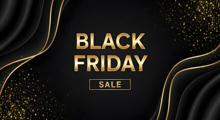Elegant black friday sale banner with golden text and sparkling glitter on a luxurious black fabric background, perfect for promotional advertising and seasonal discounts