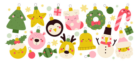 Obraz premium Cute Christmas characters heads and traditional winter holidays attributes hanging toys decoration