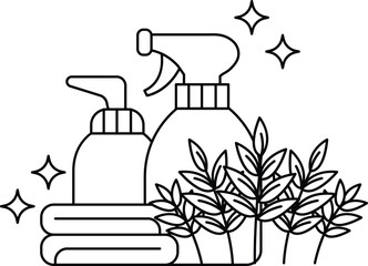 A spray bottle with a leaf on it sits next to a bottle of soap