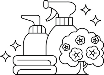 A bottle of spray cleaner and a bottle of soap are next to a tree with flowers