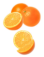 close-up photograph of a tightly clustered group of ripe, whole navel oranges and perfectly cut slices against a black backdrop.