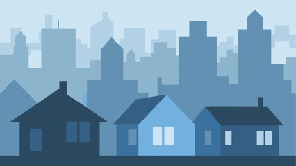 Fototapeta premium Silhouetted houses in front of a fading cityscape