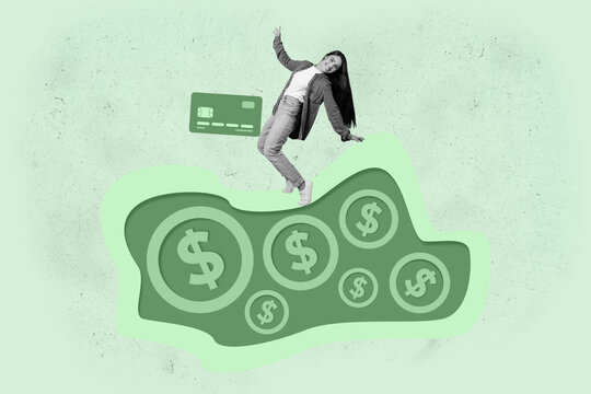 Collage of surprised person surrounded by dollar symbols and credit card representing income earnings and currency concept