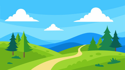 Obraz premium Stylized landscape with rolling hills pine trees and a winding path under a blue sky