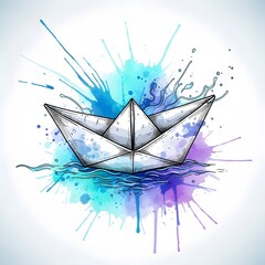 Watercolor paper boat splashing through vibrant blue and purple hues