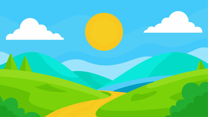Fototapeta premium Vibrant cartoon landscape with rolling green hills a winding path and a bright sun
