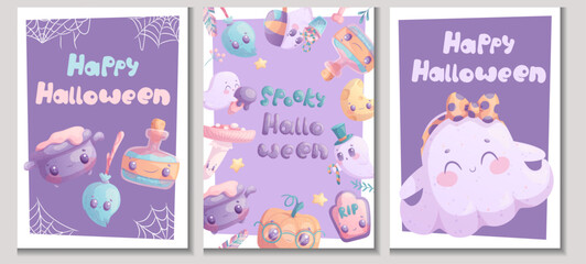 A set of Halloween greeting card designs. Ghost, Cat, Pumpkin, Bat, Spider, Fly Agaric, Potion, Owl, Cauldron. Children's vector cartoon illustration for the design of postcards, posters, banners