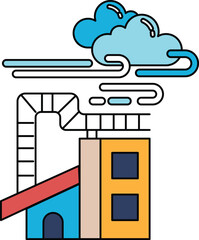 A black and white drawing of a factory with a cloud of smoke coming out of it