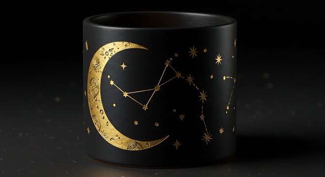 Black mug adorned with a golden crescent moon and constellation design - Powered by Adobe