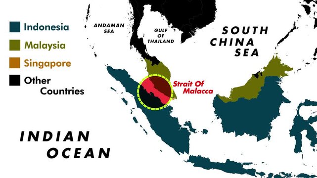 4K Map Animation Of Strait Of Malacca With Rotating Yellow Dotted Circle And Pulsing Red Highlight Showing Indonesia, Malaysia, And Surrounding Seas