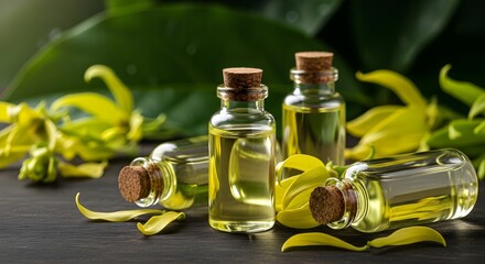 Ylang-Ylang Essential Oil Bottles with Fresh Flowers for Aromatherapy and Wellness