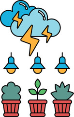 A black and white drawing of a plant with a lightning bolt in the sky