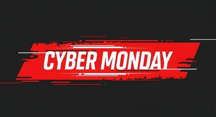 Cyber monday sale banner with glitch effect and red brush stroke on black background, representing online shopping deals and discounts
