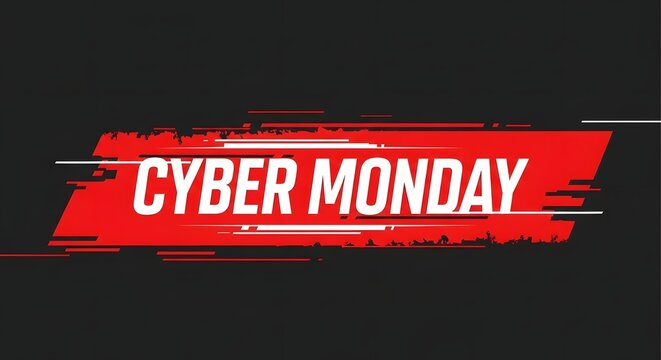 Cyber monday sale banner with glitch effect and red brush stroke on black background, representing online shopping deals and discounts