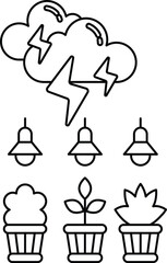 A black and white drawing of a plant with a lightning bolt in the sky