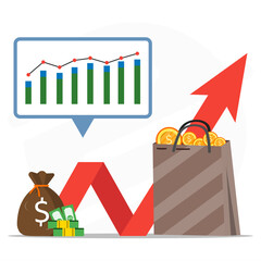 Financial growth illustration showing profit increase, investment success, rising chart, and economic progress with money bag, coins, and upward arrow.
