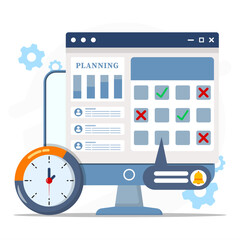 Planning appointment concept. Calendar with clock, activity list and schedule. Additional planner, emphasizing organized time management.