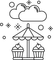 A black and white drawing of a cloudy sky with an umbrella and a basket of fruit