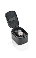 Wristwatch in jewelery box isolated on white background