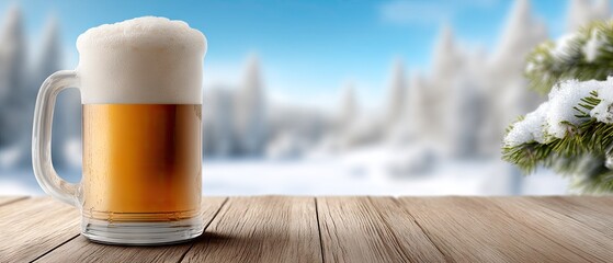 Frosty mug of beer on a wooden table with a snowy landscape in the background during winter