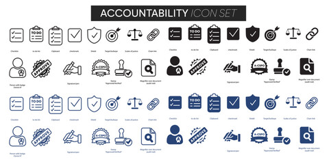 Accountability icon set in line/filled styles: checklist, to-do, clipboard, checkmark, shield, target, scales, chain link, owner badge, approve stamp, signature pen, and document with magnifier