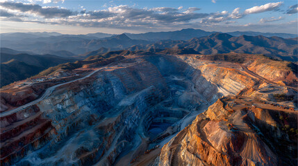 a wide-angle aerial photograph of an expansive rare earth mineral mine, showcasing the vast scale and complexity of the mining operation