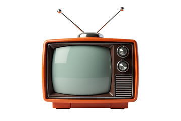 Vintage orange television set with blank screen and antenna isolated on transparent background. Retro TV receiver object
