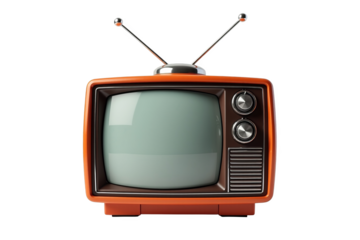 Vintage orange television set with blank screen and antenna isolated on transparent background. Retro TV receiver object