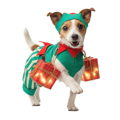 Dog Wearing Elf Costume Carrying Tiny Glowing Gifts, Isolated on Transparent Background, Adorable Christmas Pet Celebration, Festive Holiday Spirit, Cute Winter Season Concept