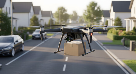 Obraz premium Drone delivering package down residential street, showcasing modern technology and fast shipping solutions for convenience and efficiency