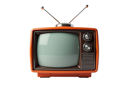 Vintage orange television set with blank screen and antenna isolated on transparent background. Retro TV receiver object