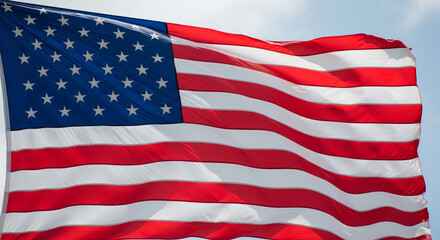 Obraz premium American Flag Waving in the Wind, USA Patriotic Symbol, Red, White, and Blue Colors