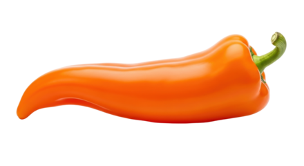 Isolated orange bell pepper, a vibrant vegetable with a gentle curved shape and fresh green stem