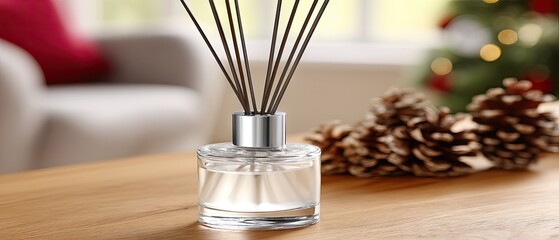 Fragrance diffuser with reeds placed on a wooden table near a cozy living space during the holiday season