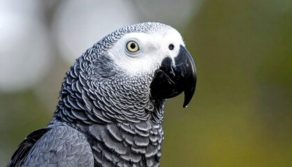 Fototapeta premium Close-up shot of a gray parrot, head in focus, with detailed feathers, dark beak, and an eye gazing toward the viewer