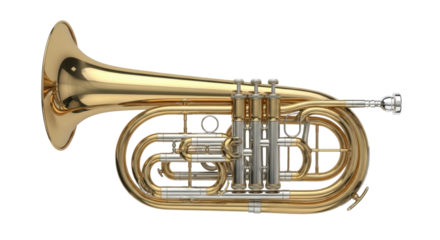 Isolated golden baritone horn against neutral backdrop for music concert ads and education