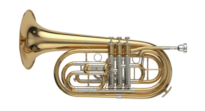 Isolated golden baritone horn against neutral backdrop for music concert ads and education