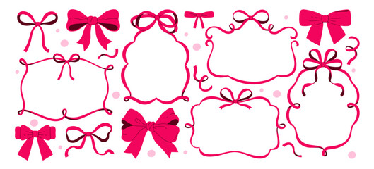 Red knotted bows and ribbon frames vintage romantic filigree flourish borders isolated set