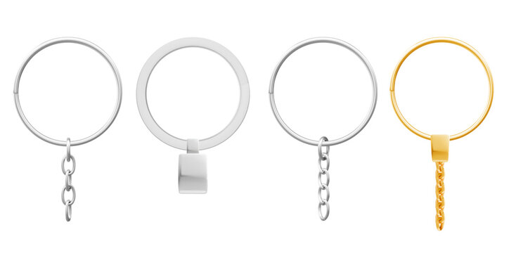 Metal keychain rings with silver chains and golden holder for keys or accessories. Chrome split circles with links and brass loop. Blank holders for customization or promotional pennant gifts.
