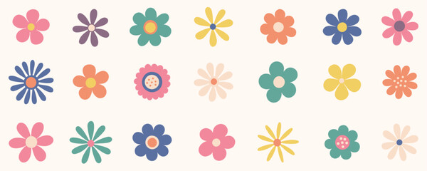 Daisy flowers collection. Cartoon set of simple chamomile in flat design. Groovy retro floral cute vector. Vintage style.