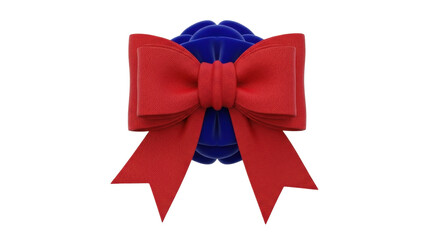 Isolated festive red bow tied around a blue ornament, gift embellishment or decoration