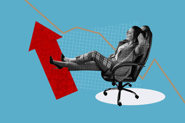 Sketch template design 3D collage composite of young businesswoman sita rmchiar relax arrow up growth stats graphics trade success target