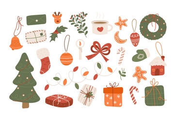 Colorful hand drawn Christmas elements set with holiday attributes for celebration isolated set
