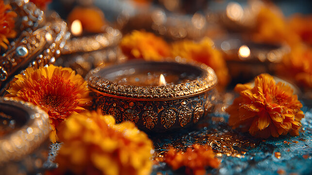 Dhanteras Festival – Golden Kalash with Coins, Diyas and Marigold Flowers on Blue Background