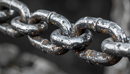 Fototapeta premium Close-up shot of a heavy, metallic chain with links connected. The rusted surface adds texture and an aged appearance. The background is blurred, focusing on the chain's structure
