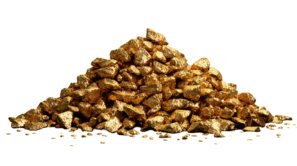 Pile of gold nuggets with shiny metallic texture natural precious metal wealth and mining treasure isolated on white background