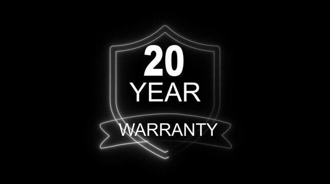 Twenty Year Warranty Badge Guarantee Seal Emblem Neon Glow Shield Ribbon Award Certificate Assurance Protection Long Term Trust