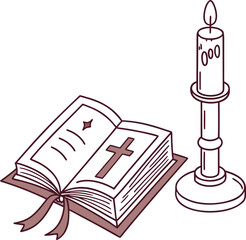 Open holy bible with a cross and a lit candle in a candlestick on a white background