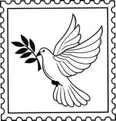 Black and white illustration of a dove with an olive branch in its beak, framed by a postage stamp border
